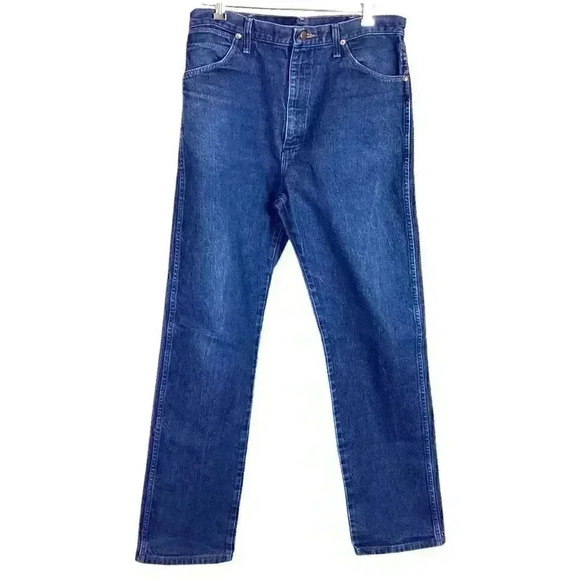 Wrangler 13MWZ Men 36 x 33 Cowboy Cut Straight Jeans Dark Wash Frayed Work Wear - Picture 2 of 8